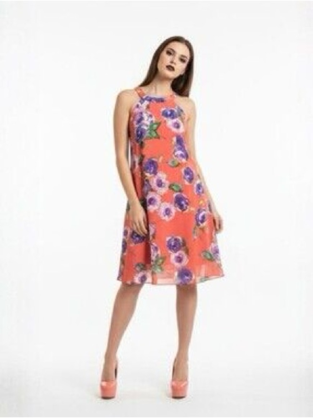 Betsey Johnson Coral Floral Halter Chiffon Dress Size 4